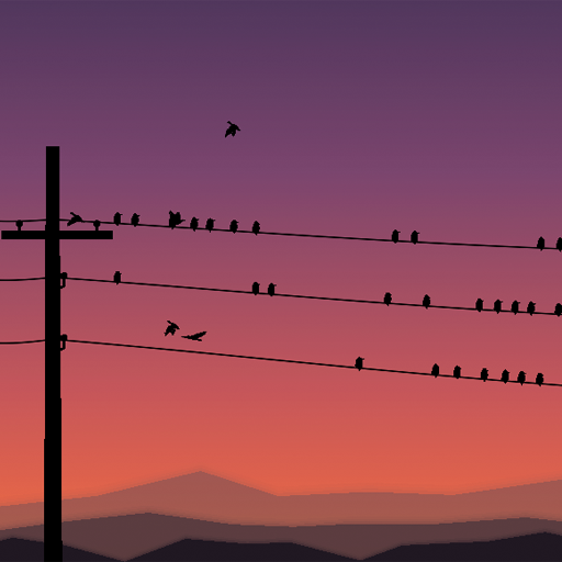 Birds resting and flying around telephone wires at sunset
